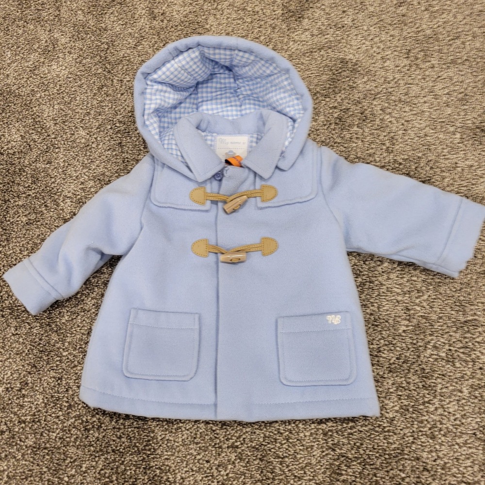 Mayoral New Born Boys Light Blue Gingham Lined Toggle Duffle Coat 4-6M